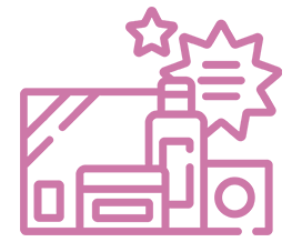 Pink line icons on a black background depict various cosmetics. Items include a bottle, a rectangular box, a circular container, and a star, with a burst shape suggesting promotion.