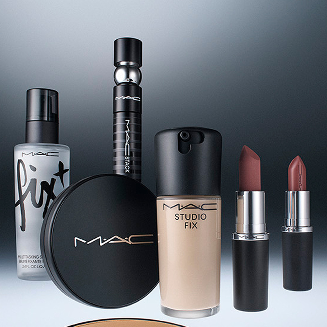 Bestselling makeup products including setting spray, mascara, powder, foundation, and lipsticks in burgundy tones