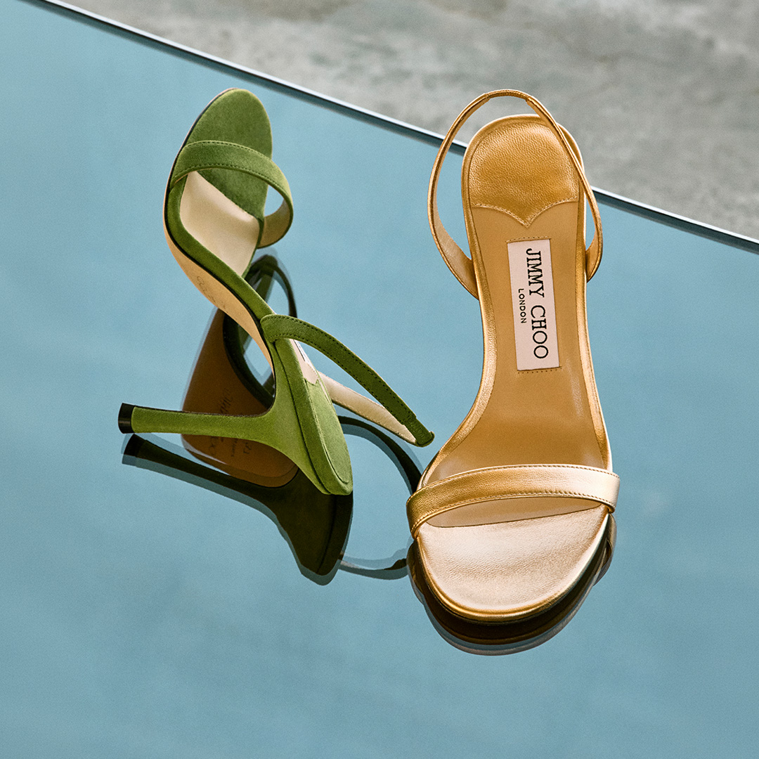 Two heeled sandals displayed: green suede strappy heel and gold metallic leather ankle-strap heel