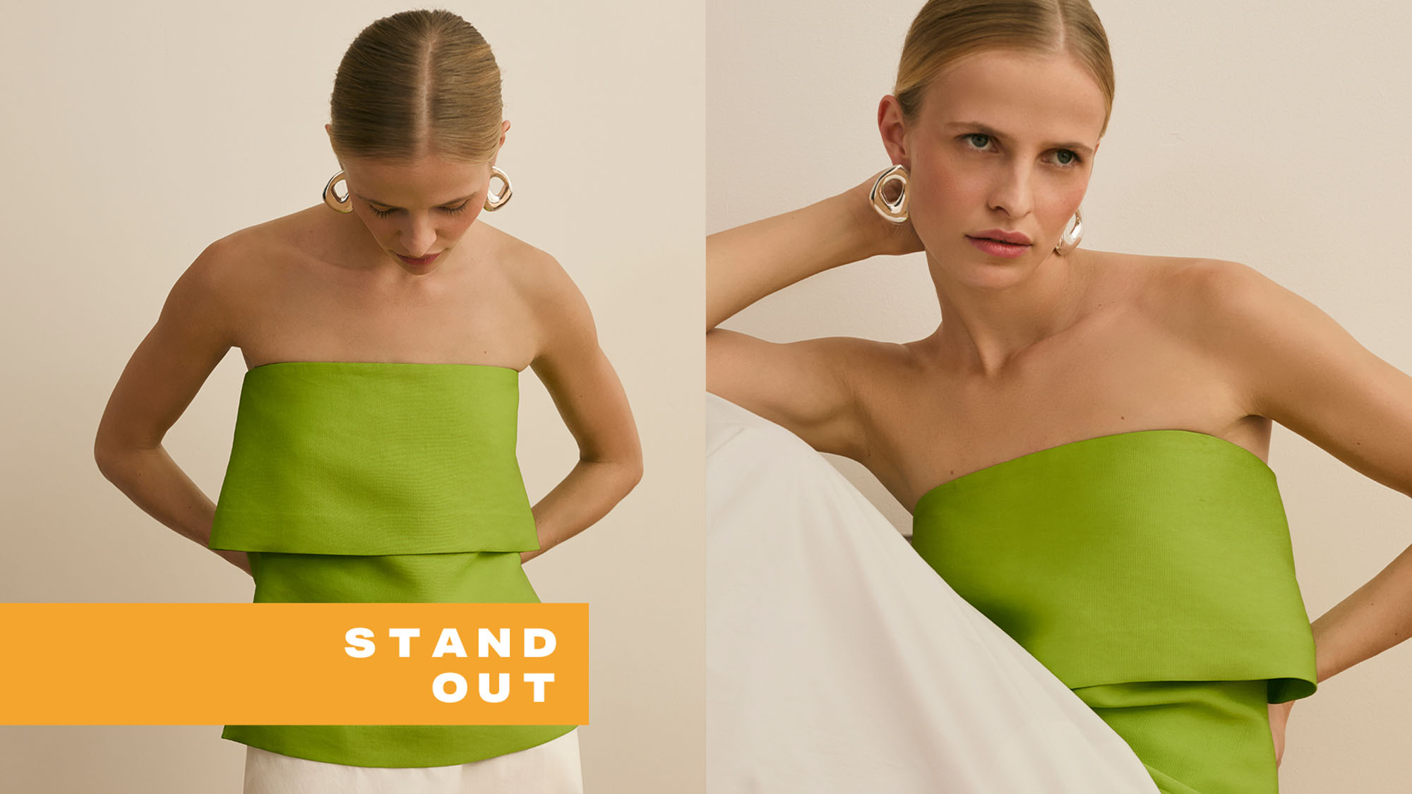 Two women wearing lime green strapless tops and gold hoop earrings with text 'Stand Out' on orange banner