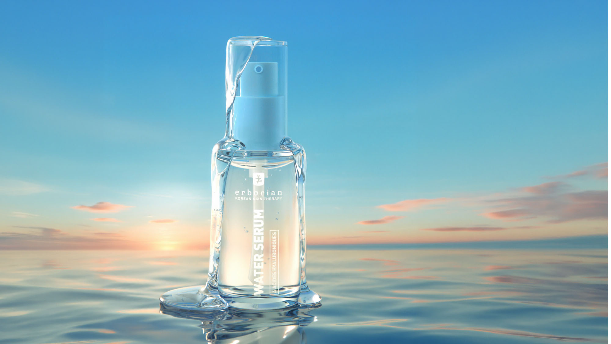 Erborian Water Serum spray bottle with blue cap positioned in serene coastal seascape at sunset