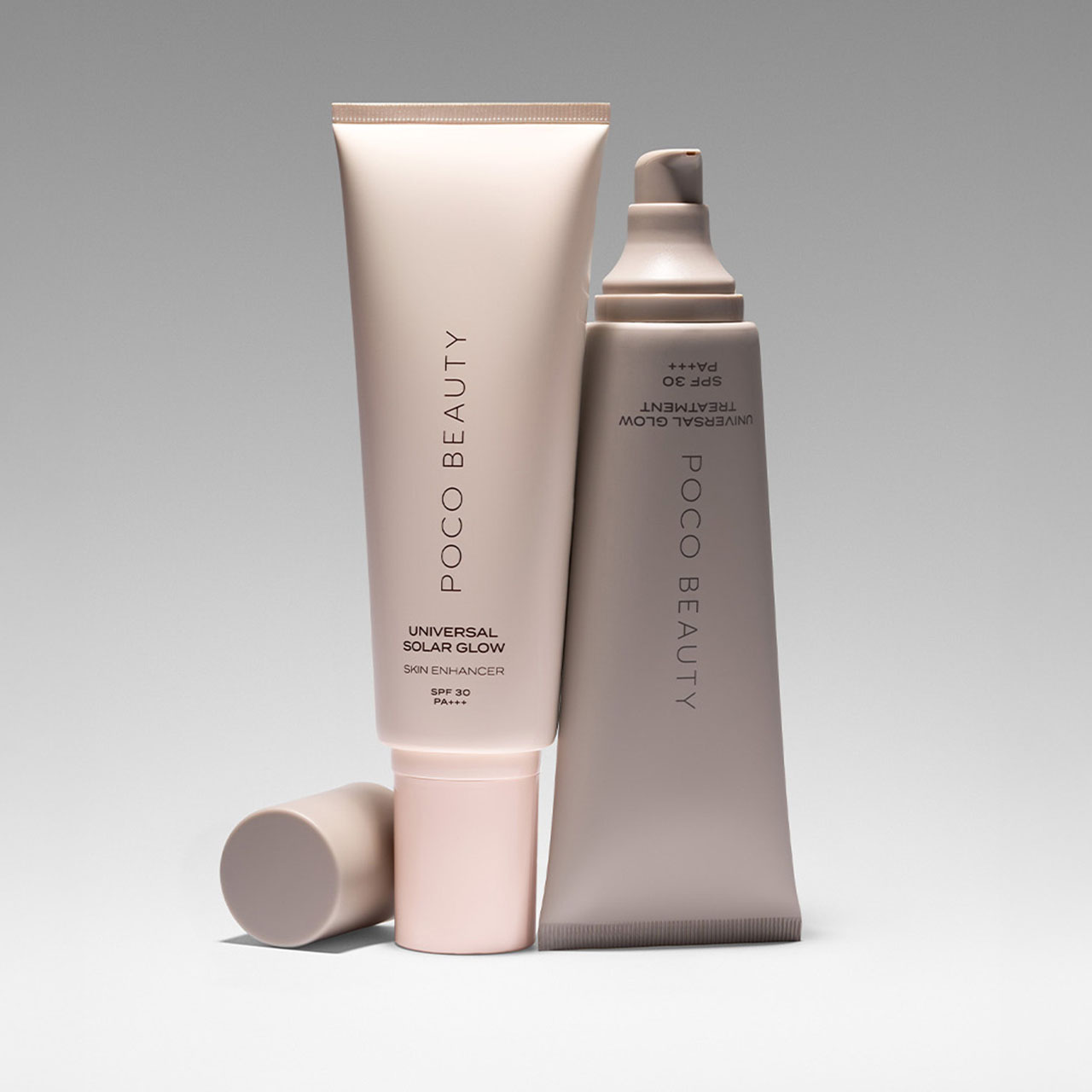 Poco Beauty skincare and sun protection products including Universal Solar Glow skin enhancer with SPF 30