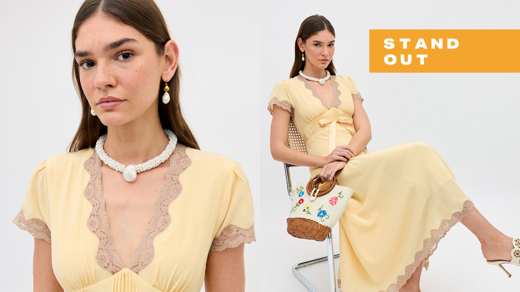 Woman wearing pale yellow occasion dress with lace trim and pearl necklace, styled with floral clutch bag and white choker