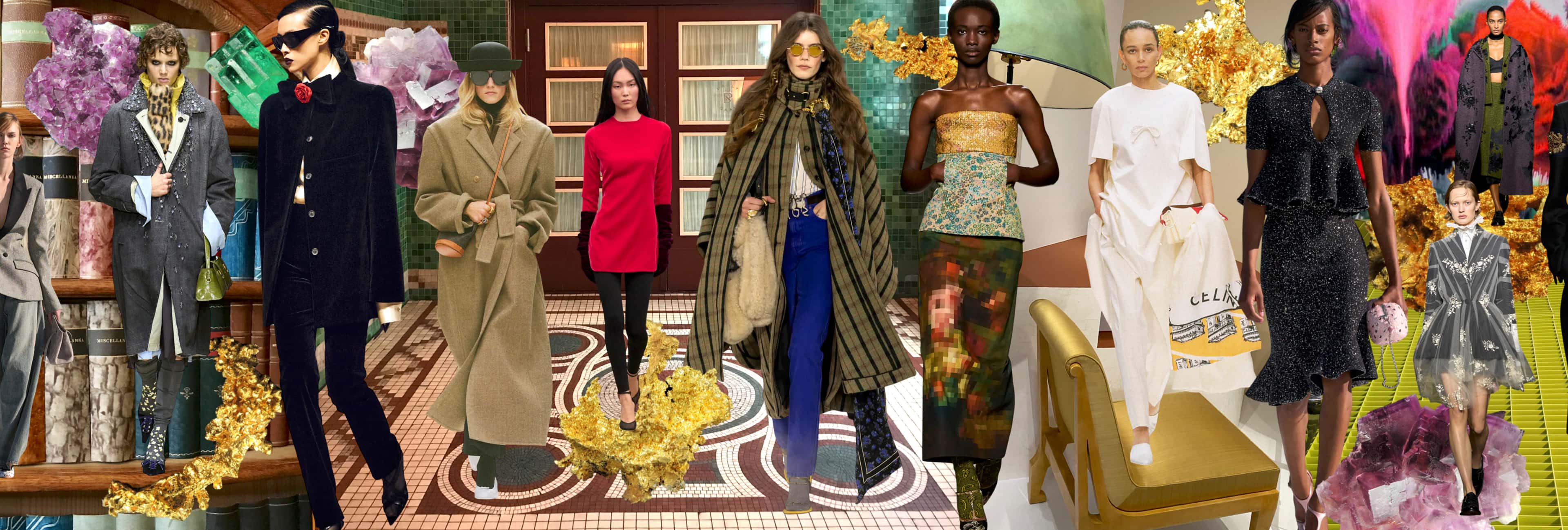 A fashion collage featuring six models in diverse outfits on a patterned floor with a floral backdrop.