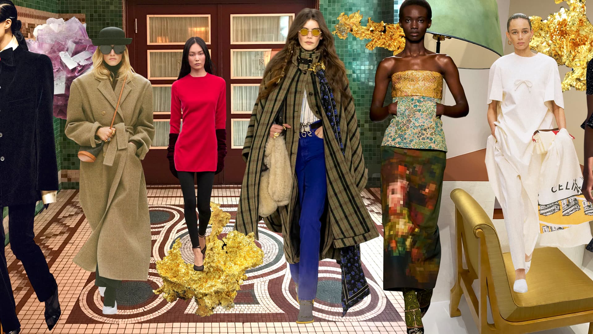 A fashion collage featuring six models in diverse outfits on a patterned floor with a floral backdrop.
