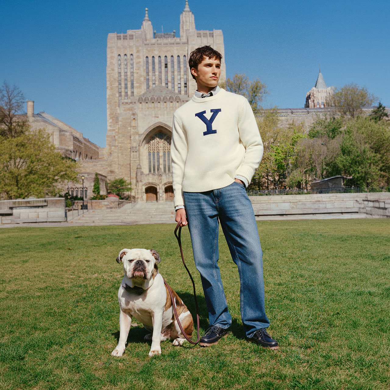Man wearing cream sweater with navy Y logo and blue jeans standing with bulldog on grass in front of university buildings