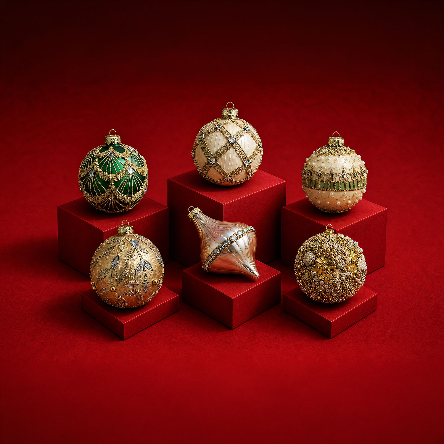 Luxury Christmas baubles and decorations in gold, cream and emerald green displayed on red stands