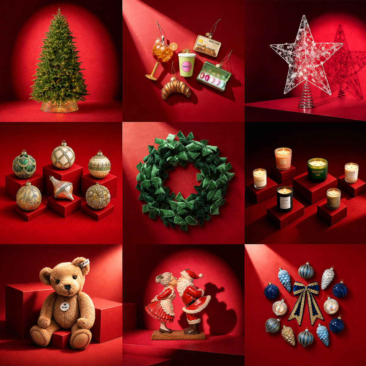 Festive Christmas display featuring decorated tree, baubles, wreath, candles, star topper, and holiday gifts on red background
