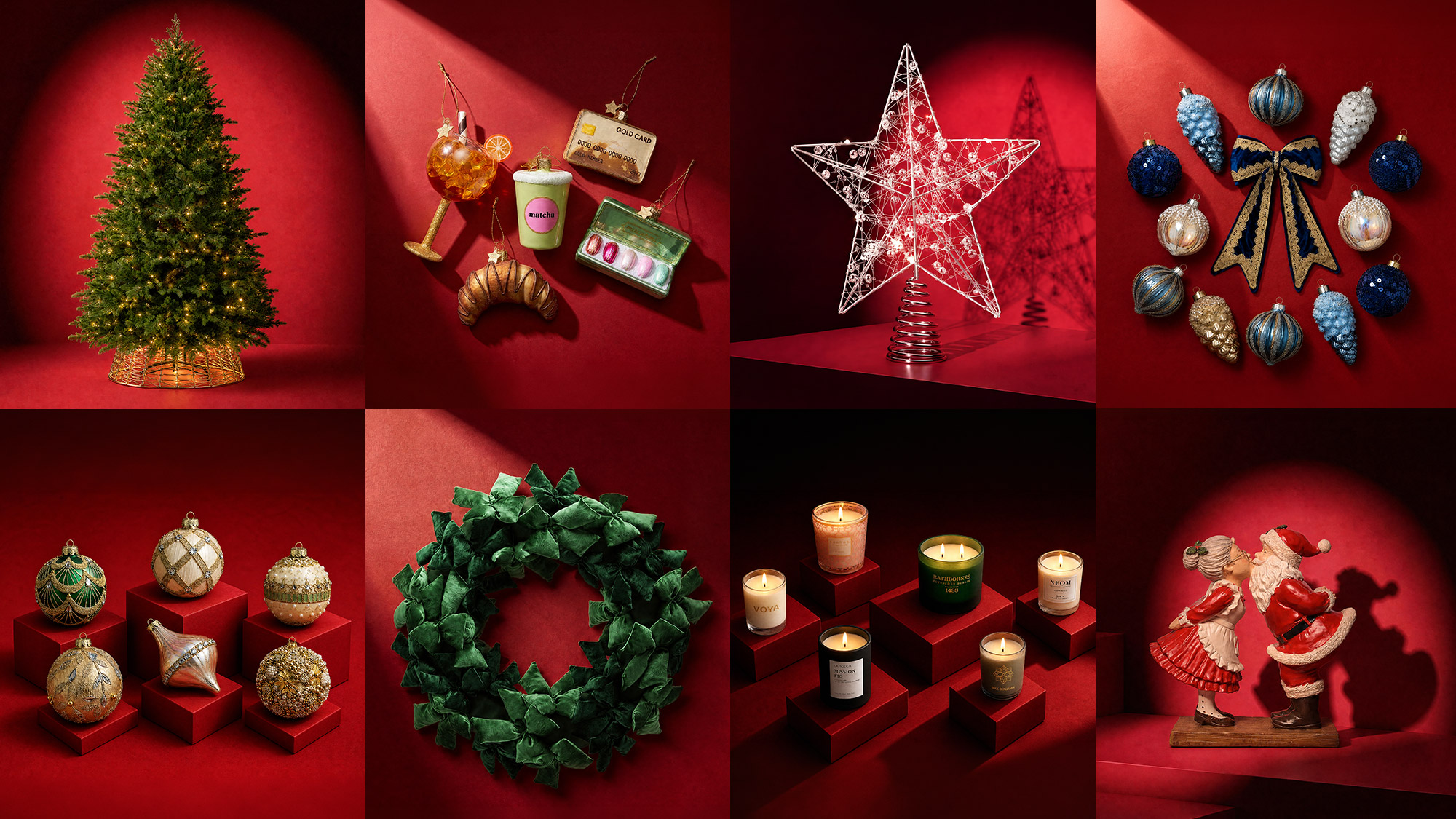 Festive Christmas display featuring decorated tree, baubles, wreath, candles, star topper, and holiday gifts on red background