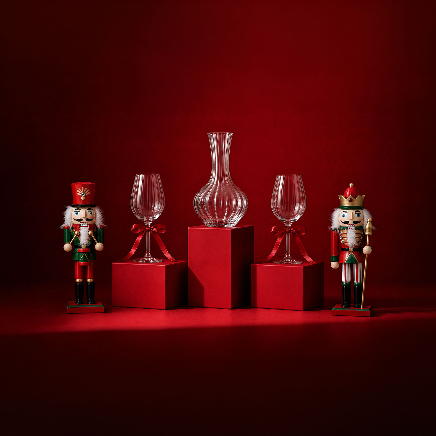 Red and gold display with decorative nutcrackers, crystal wine glasses tied with red ribbons, and red gift boxes