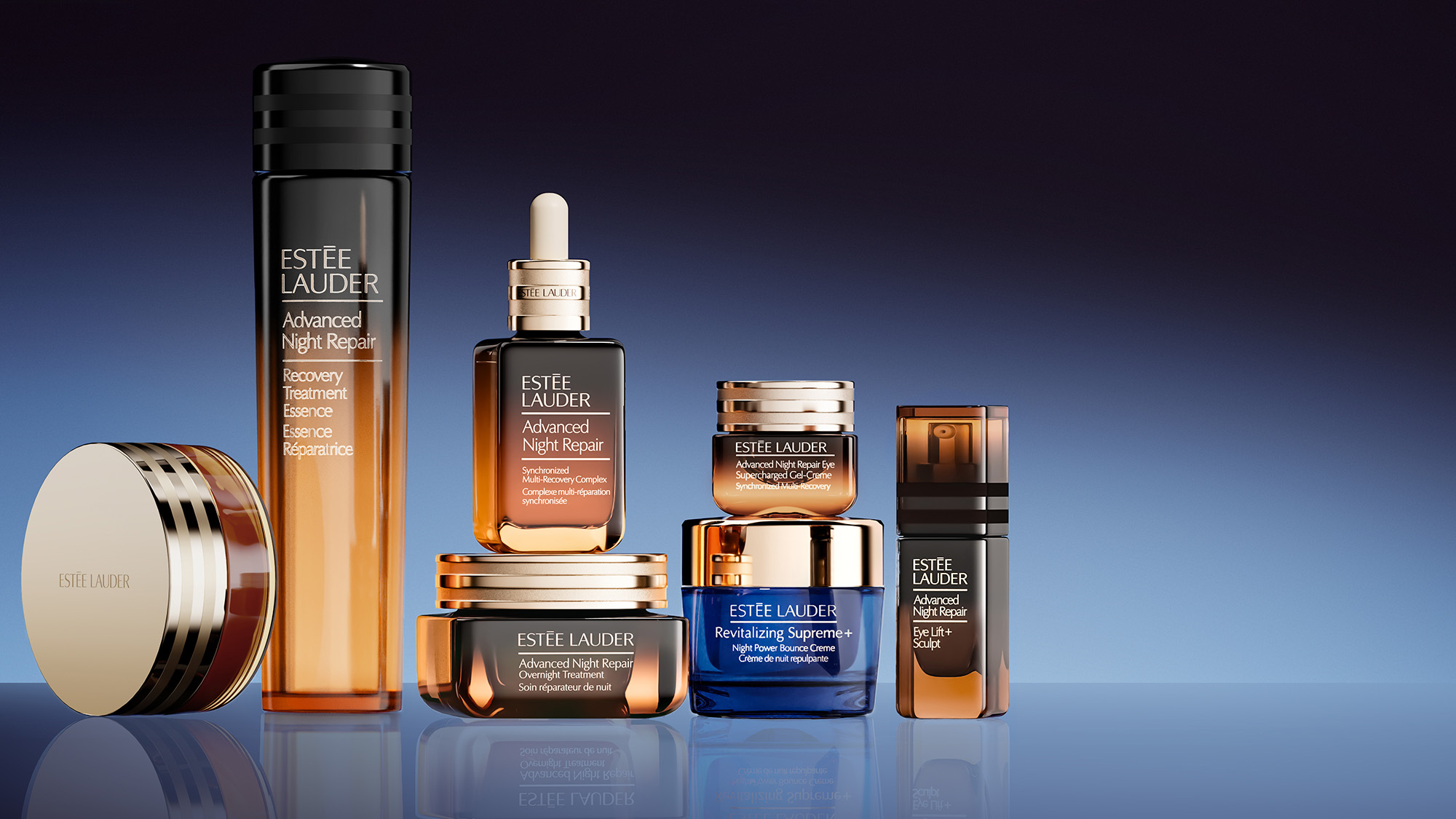 Estée Lauder Advanced Night Repair skincare range including serums, creams and eye treatments displayed against blue gradient background