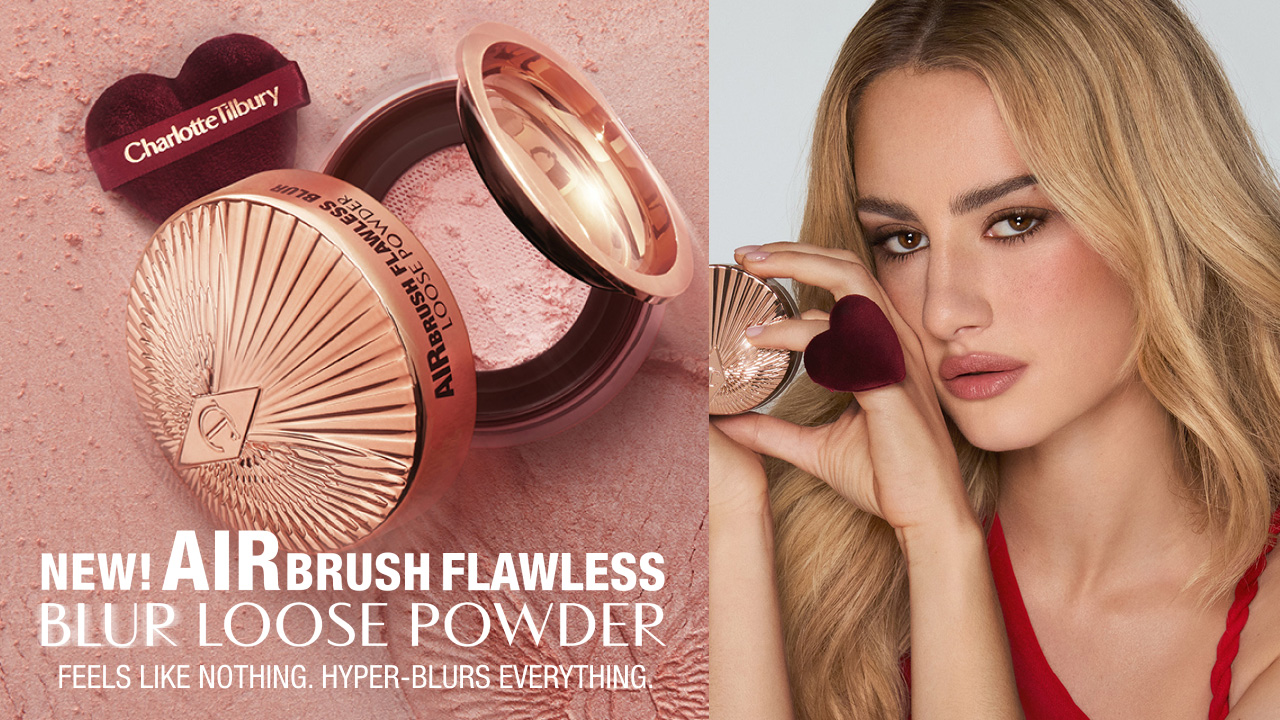 Charlotte Tilbury Airbrush Flawless Blur loose powder in burgundy compact with applicator brush, displayed on pink textured background