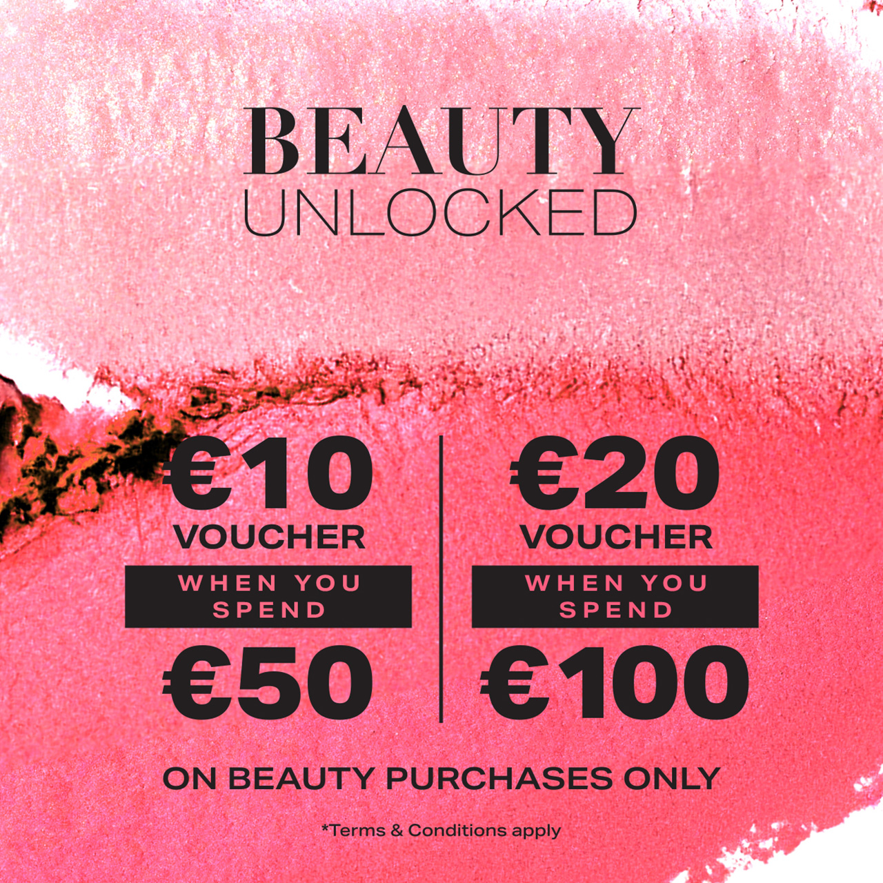 Pink glitter textured background with Beauty Unlocked promotional offer displaying voucher values