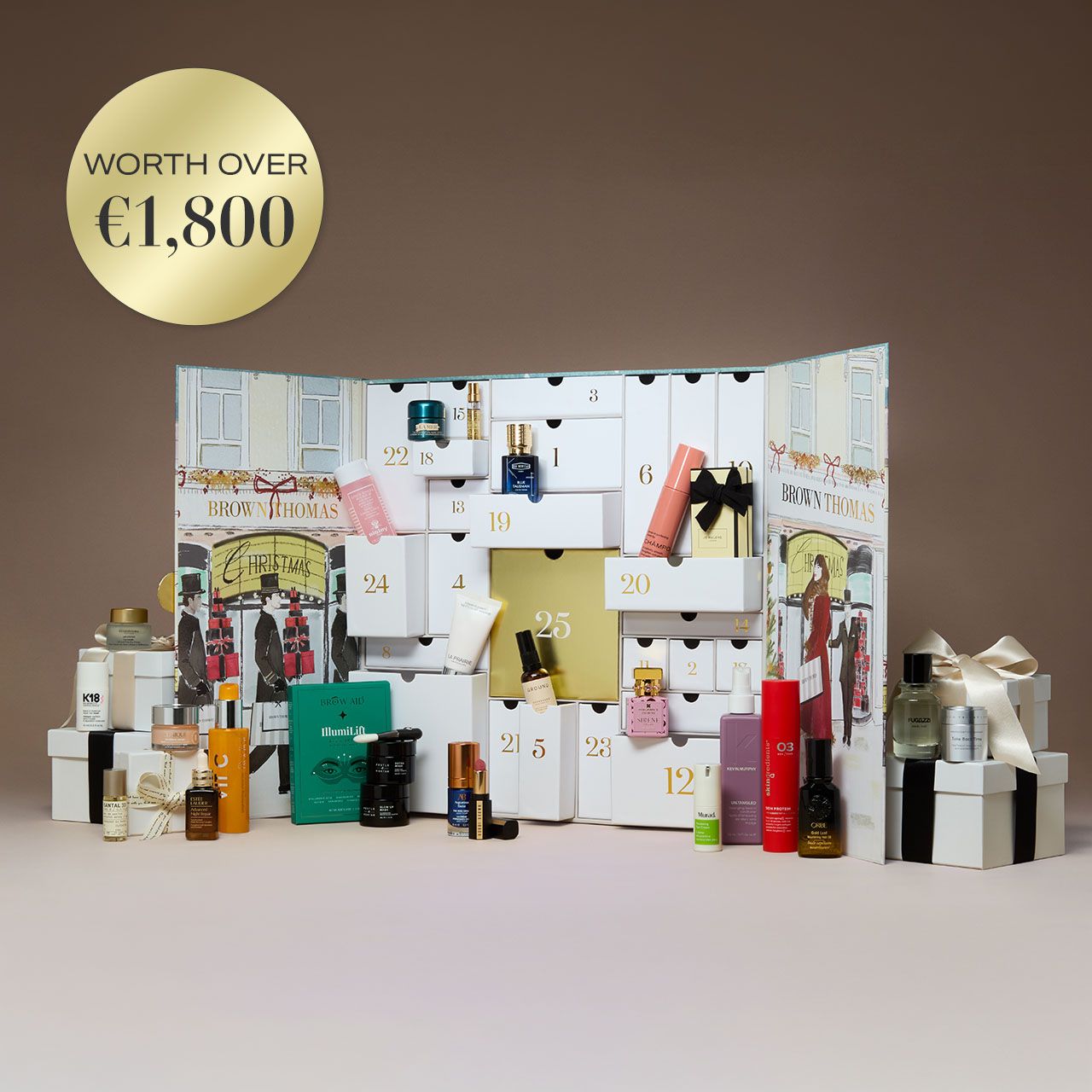 Brown Thomas beauty advent calendar worth over €1,800, featuring numbered compartments with luxury skincare, fragrance and cosmetic products displayed.