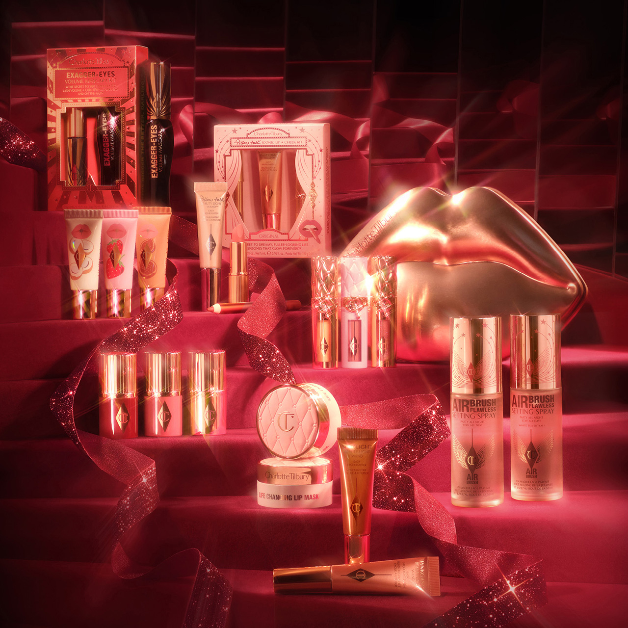 Charlotte Tilbury beauty products including lipsticks, mascaras and serums on red display with neon lighting