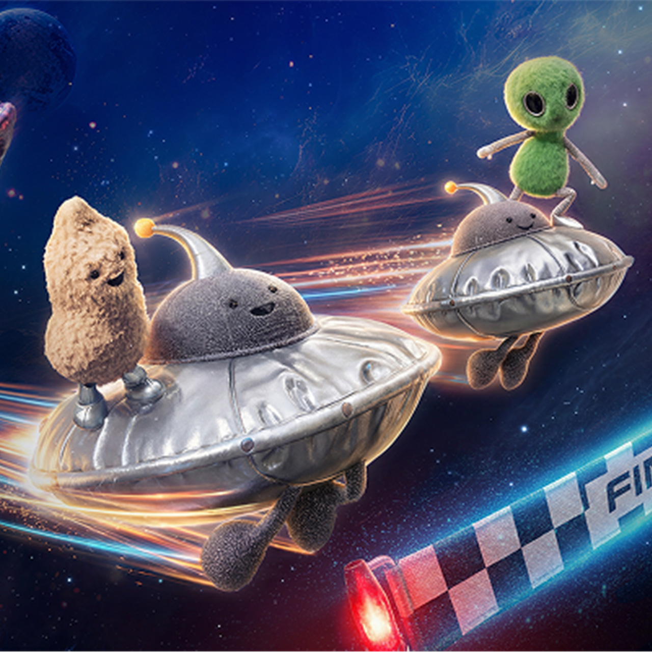 Playful space-themed Jellycat plush toys in UFO-shaped containers racing across a starry galaxy backdrop with a finish line banner