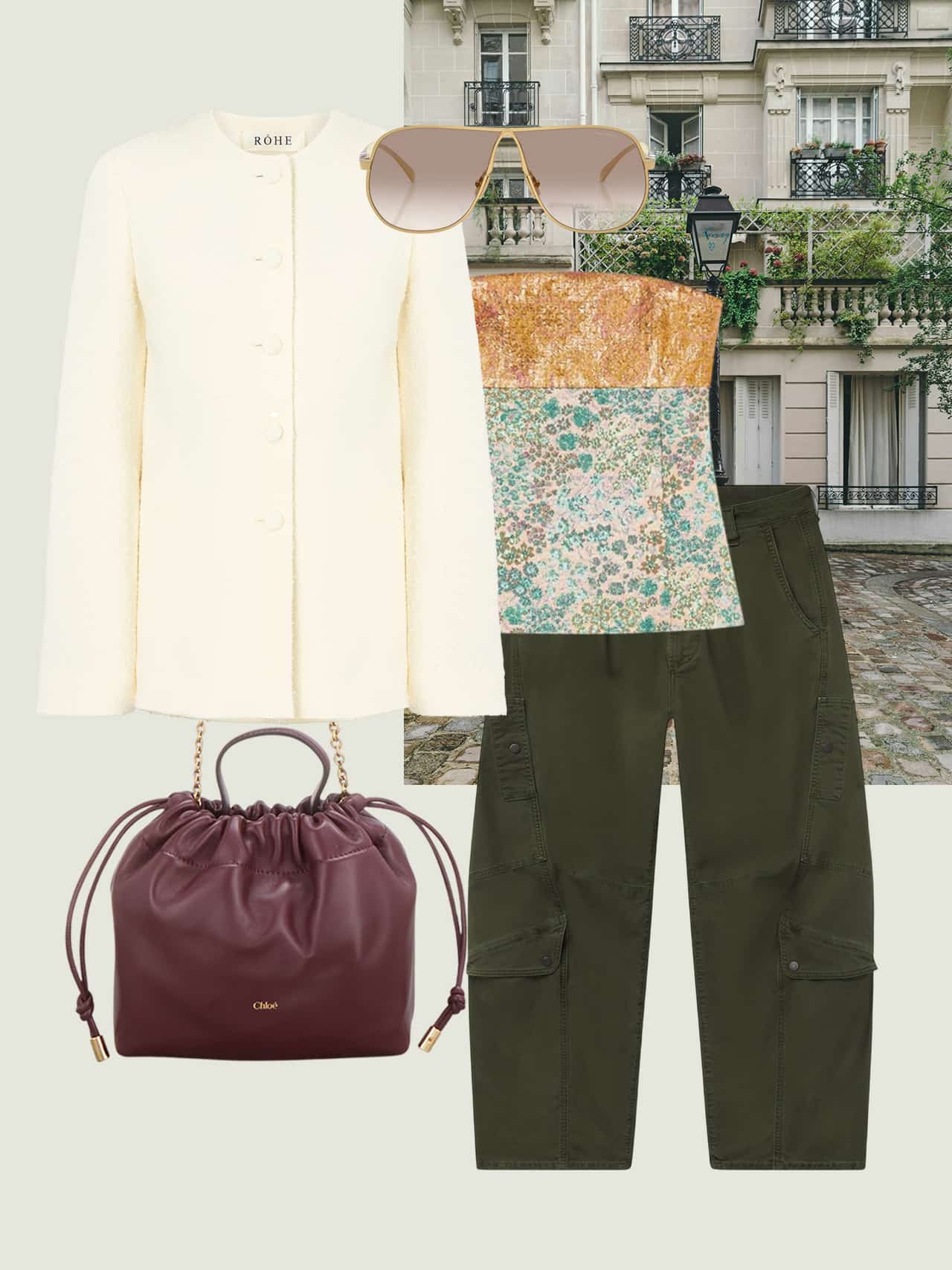 Cream boucle jacket, gold-trimmed aviator sunglasses, golden jacquard bustier top, olive cargo trousers, and burgundy leather crossbody bag styled against Parisian architecture.