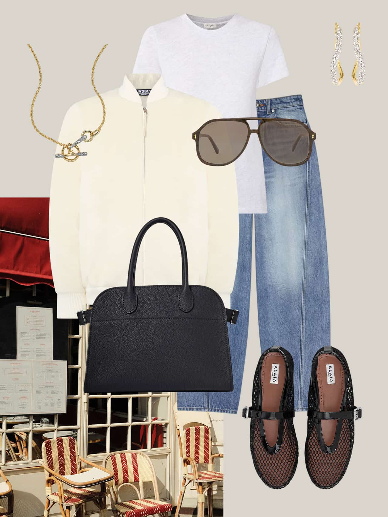 Cream wool bomber jacket, white t-shirt, blue denim skirt, brown aviator sunglasses, black leather handbag, and black mesh flats with gold jewellery, styled in Parisian café setting.