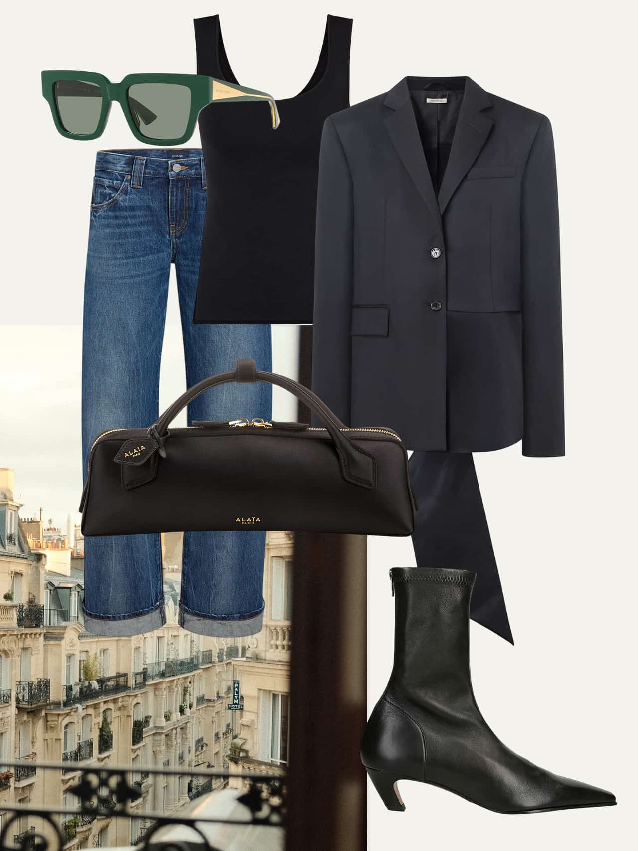 Dark blue jeans, black tank top, navy single-breasted tuxedo jacket, black leather pointed-toe boots, black leather clutch, and green square-framed sunglasses against Parisian roofline.