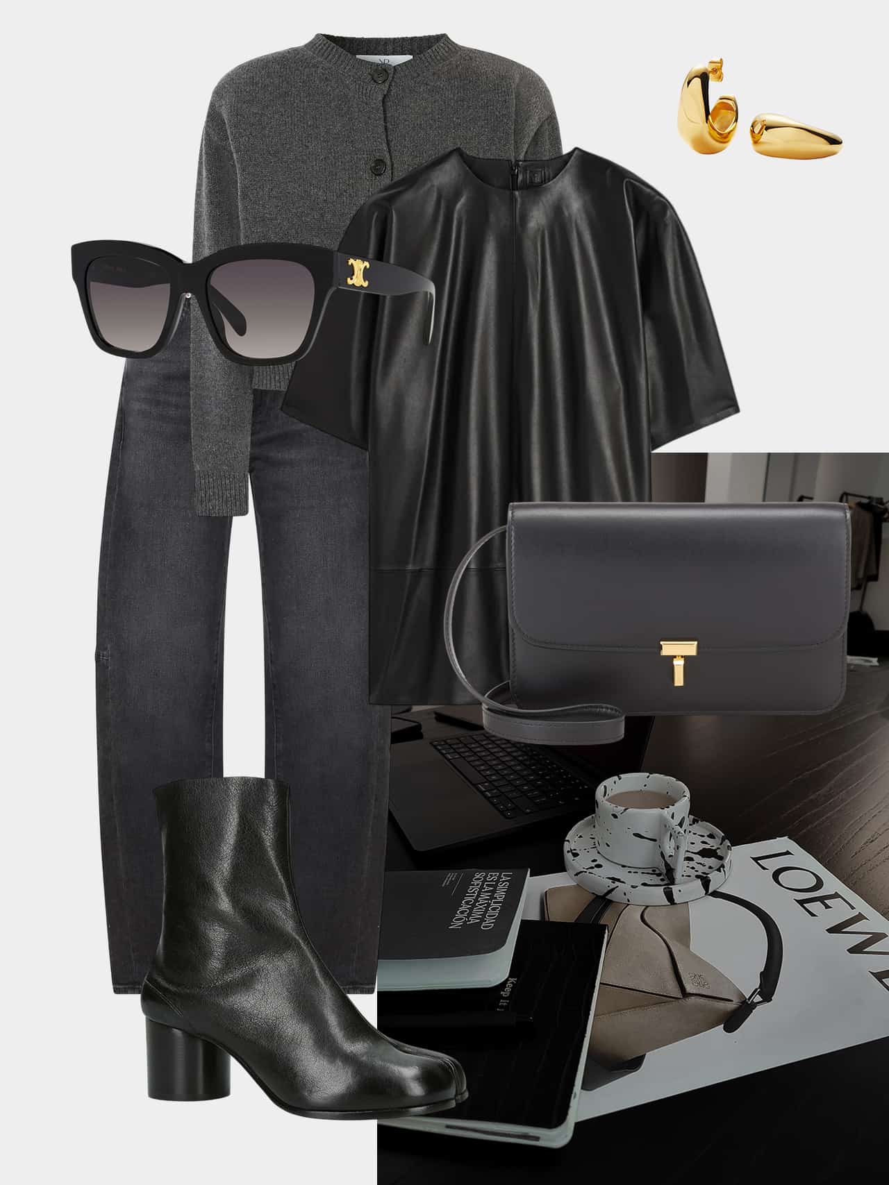 Grey ribbed cardigan, black leather cropped top, dark indigo jeans, black leather block-heel boots, black leather shoulder bag, black cat-eye sunglasses, and gold jewellery on office desk.