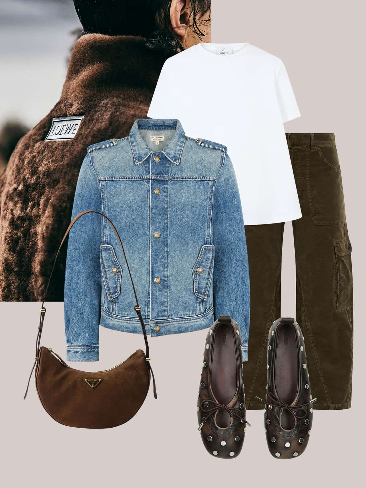 Styled outfit featuring denim jacket, white t-shirt, corduroy trousers, studded flat shoes, and brown suede shoulder bag