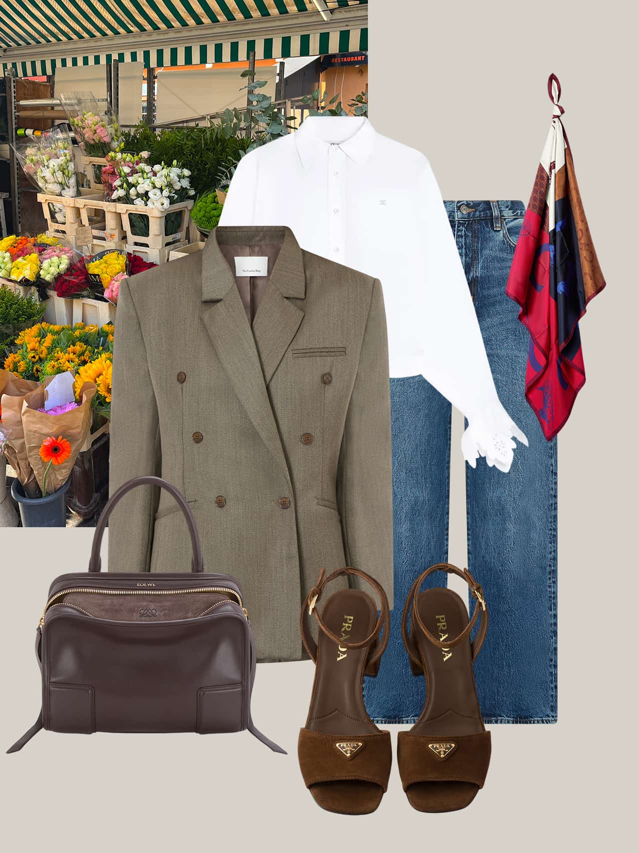 Parisian-inspired outfit with tailored blazer, white blouse, blue jeans, brown platform shoes, and patterned scarf displayed against flower market backdrop