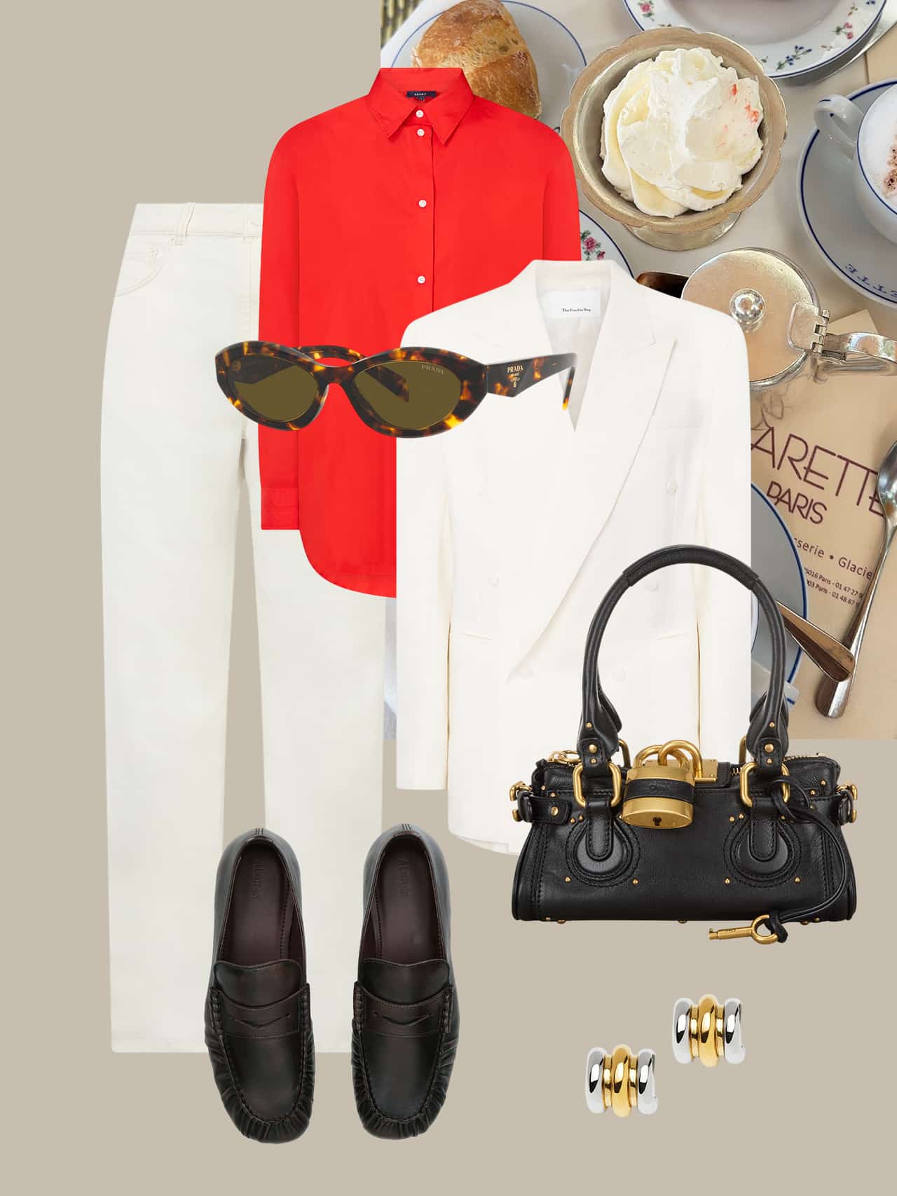 Styled outfit featuring red button-up shirt, white jeans, cream blazer, black leather loafers, tortoiseshell sunglasses, and black shoulder bag