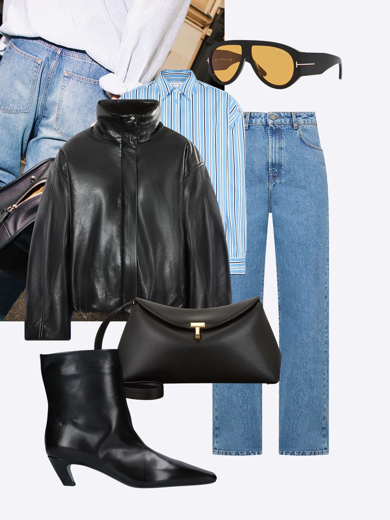 Styled outfit with black leather bomber jacket, blue striped shirt, blue jeans, black ankle boots, black shoulder bag, and yellow-tinted sunglasses