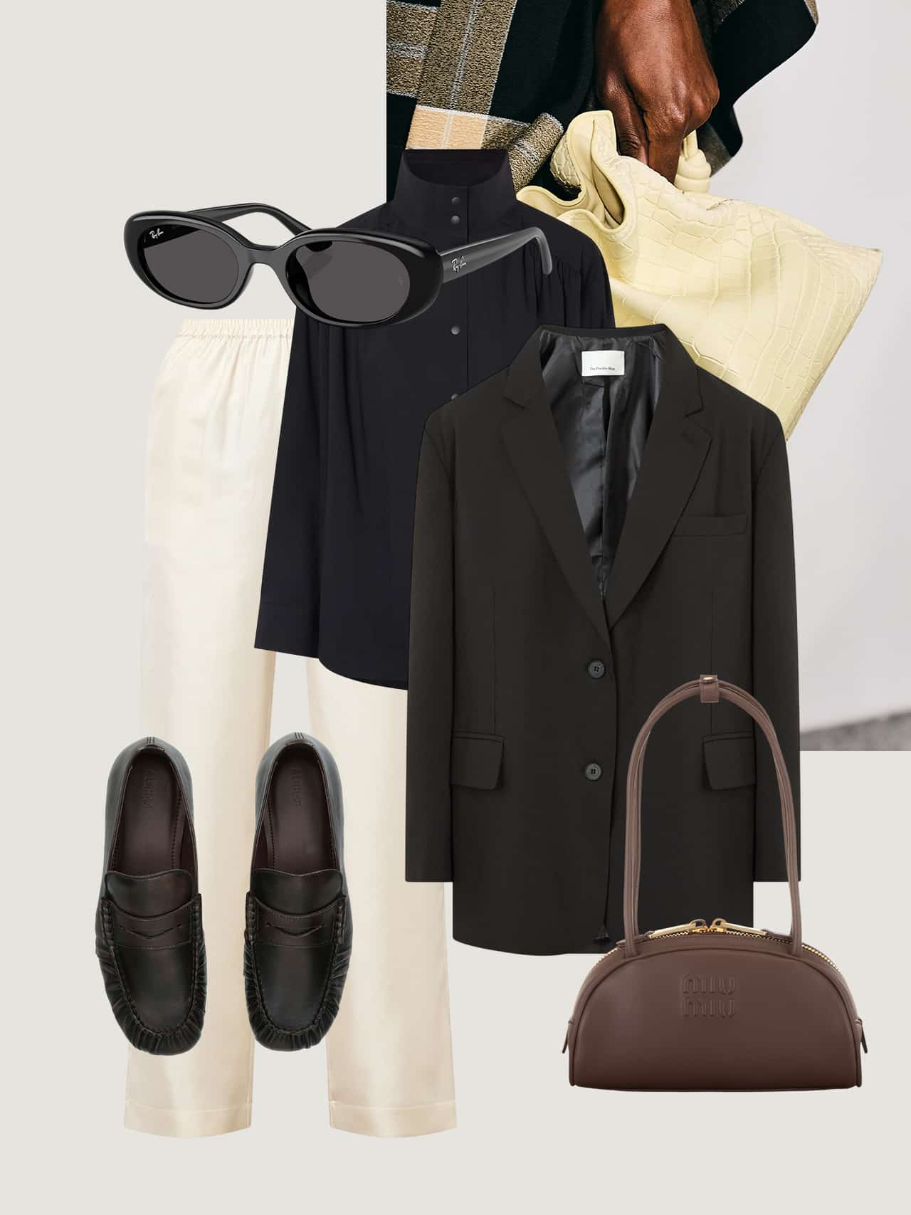 Styled outfit featuring black funnel neck shirt, black oversized blazer, cream trousers, black leather loafers, brown oval handbag, and black sunglasses