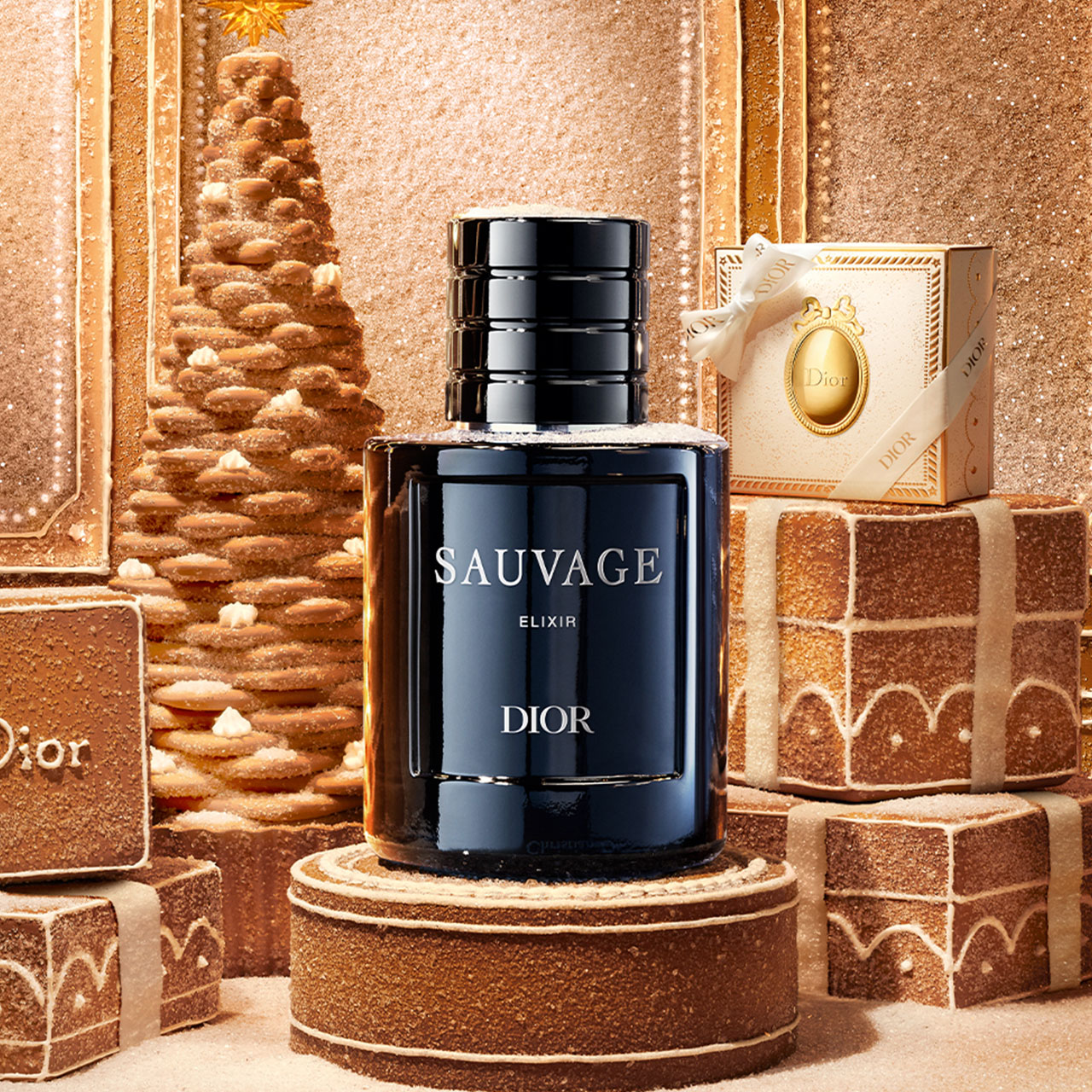 Sauvage Elixir men's fragrance bottle displayed on golden podium with festive gingerbread backdrop and gift boxes