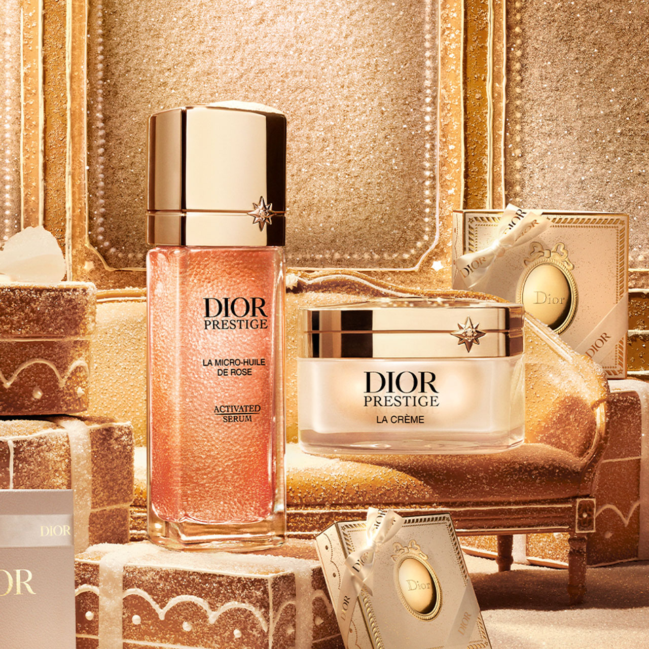 Dior Prestige serum and cream skincare products with gold-accented jars on shimmering background