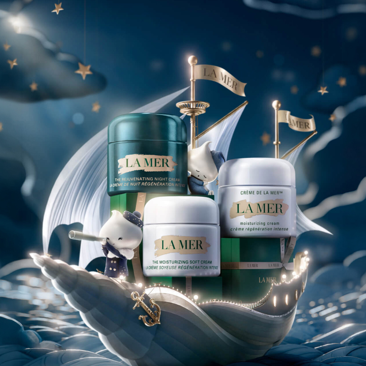 La Mer skincare products displayed on an illuminated boat with gold flags, stars, and clouds against a deep blue night sky background.