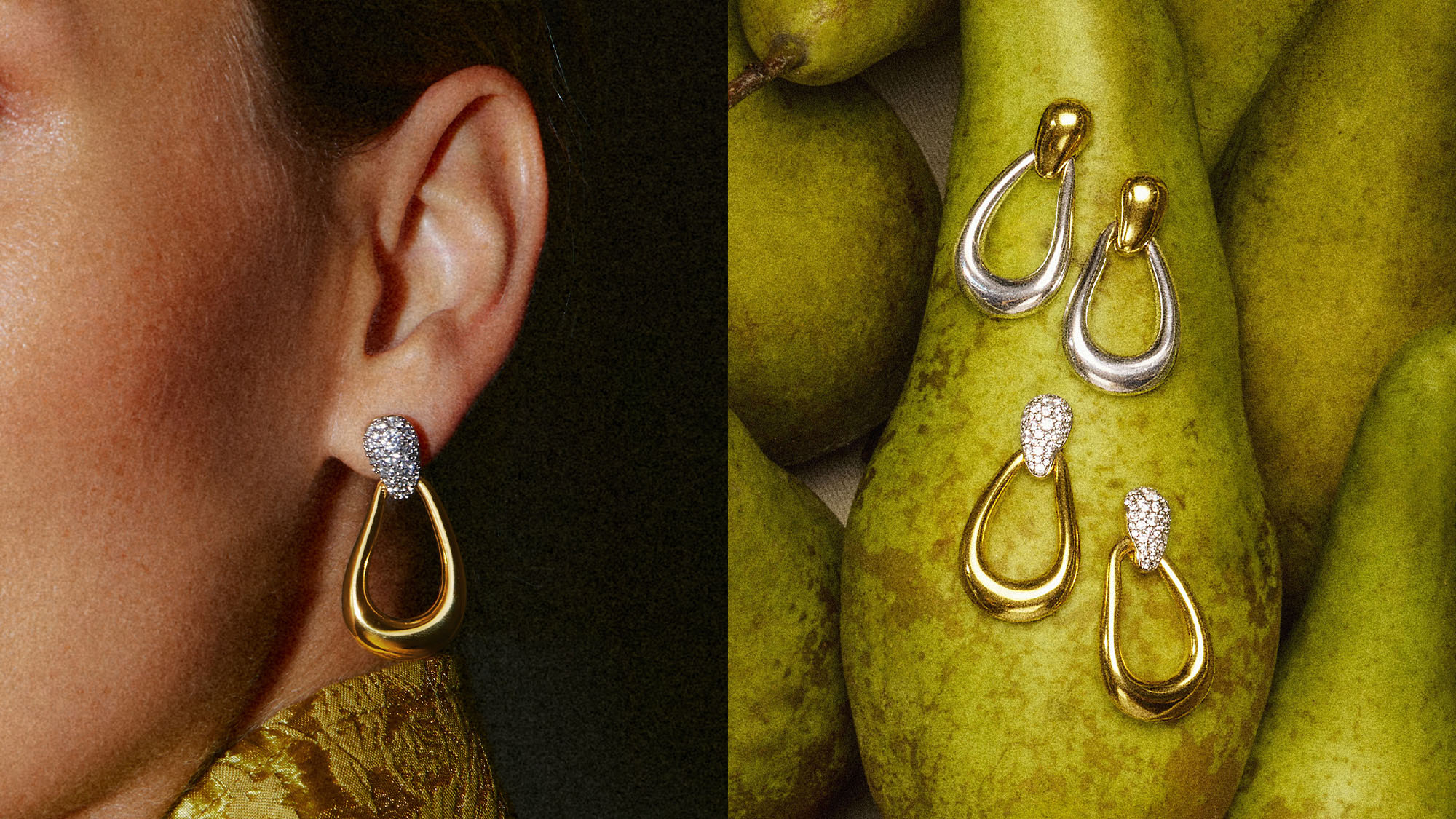 Molten Teardrop earrings by Missoma in gold and silver tones worn on model in chartreuse silk fabric