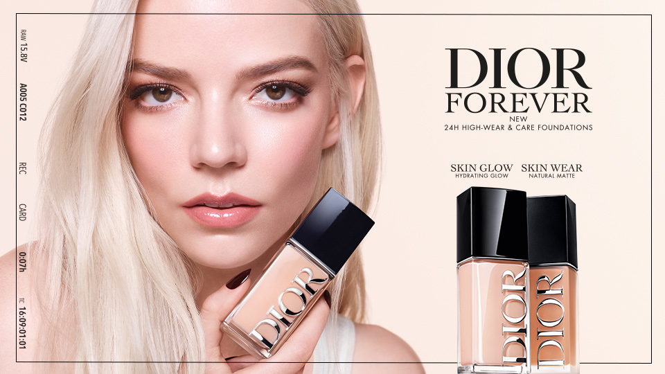 A person holds a Dior Forever foundation bottle. Text promotes 'Skin Glow' and 'Skin Wear' products.