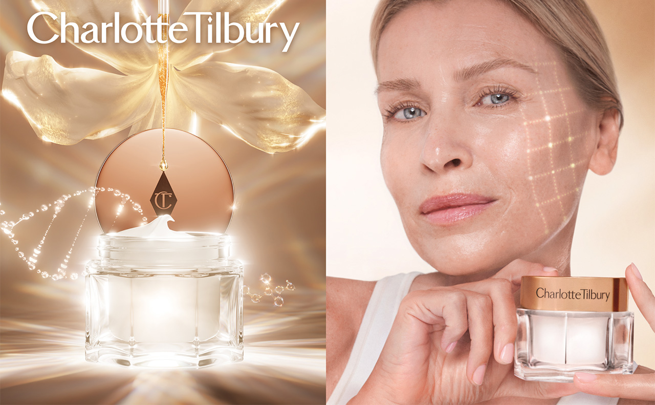 A jar of Charlotte Tilbury cream with a glowing effect and a woman holding the product, showcasing radiant skin.