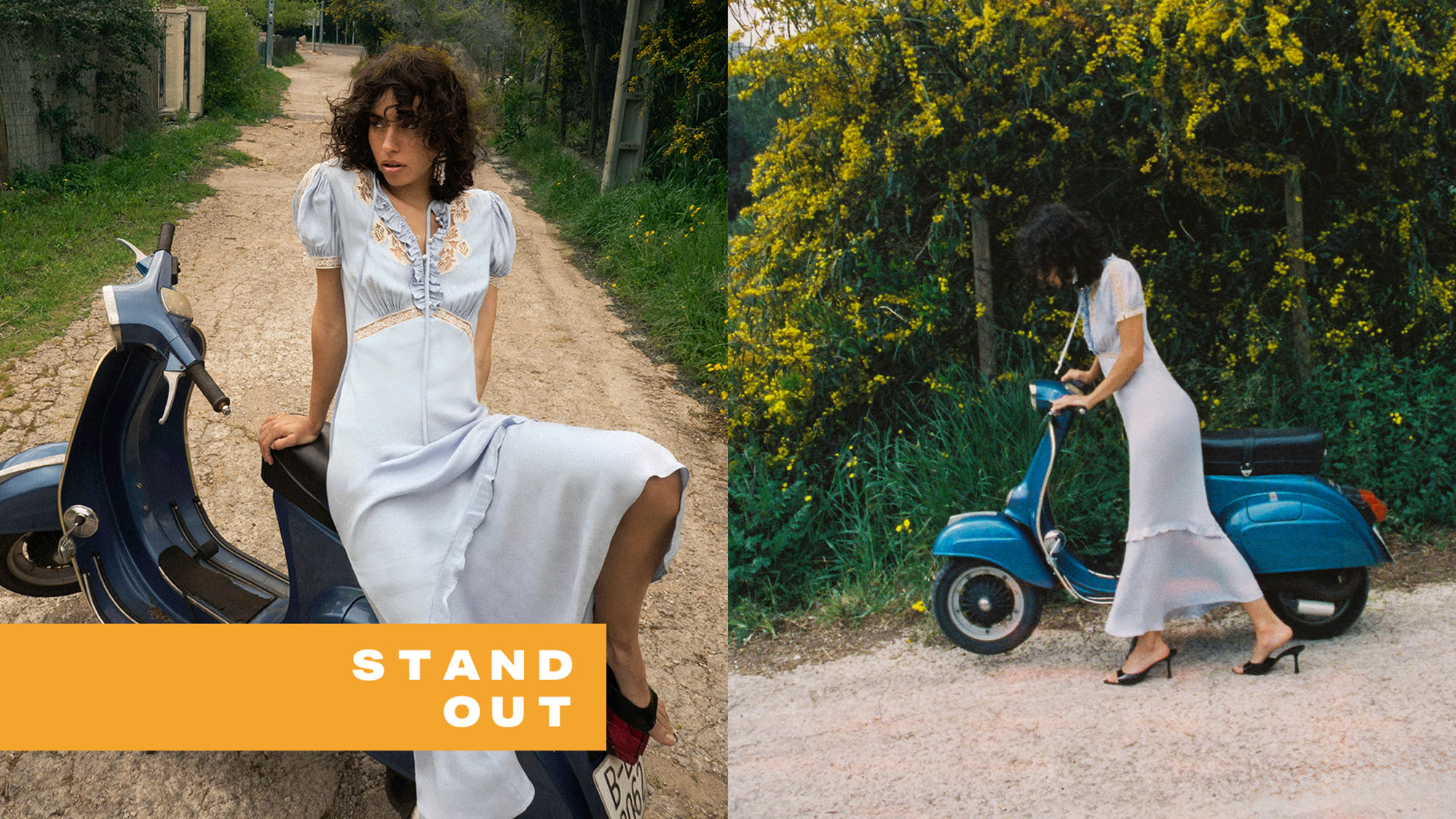 A woman in a white dress sits and stands beside a vintage blue scooter on a dirt road, surrounded by greenery. Text reads 'STAND OUT.'