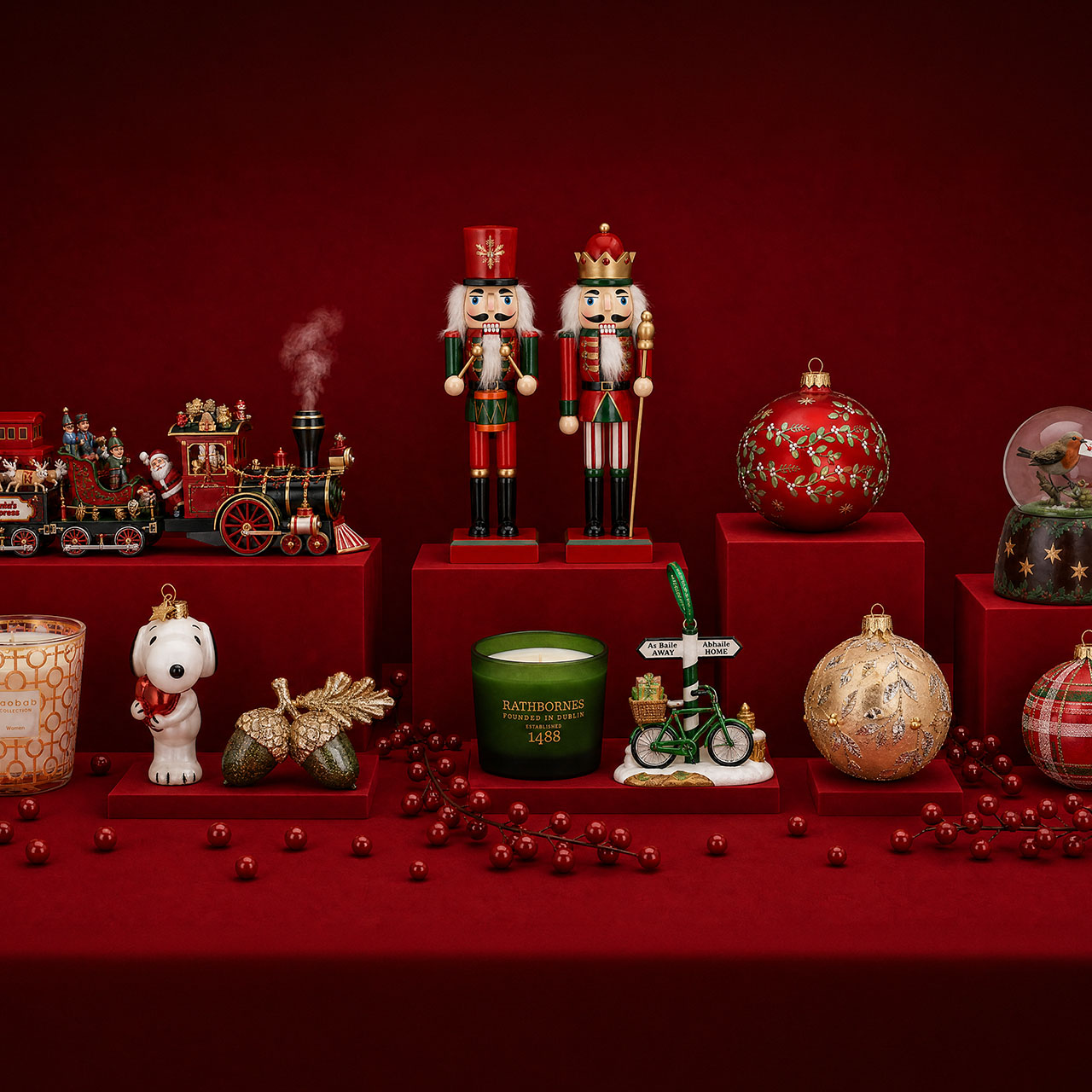 Festive Christmas display featuring decorated tree, baubles, wreath, candles, star topper, and holiday gifts on red background