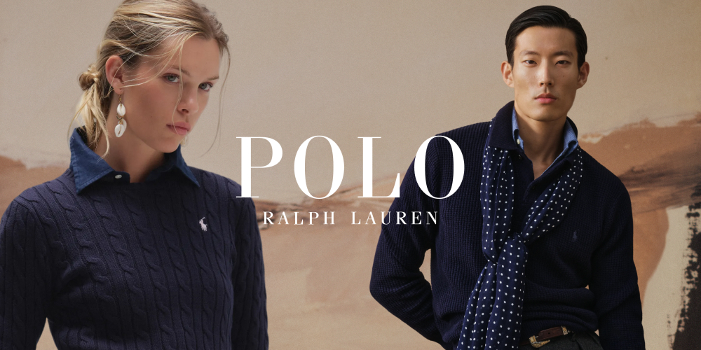 Two models wearing dark sweaters, with 'Polo Ralph Lauren' branding in the center.