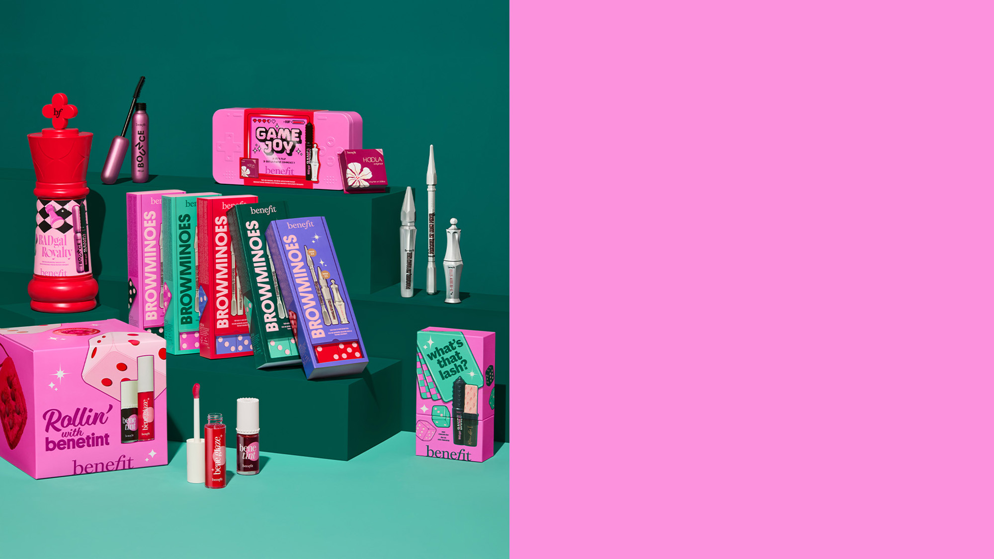 Range of Benefit gift sets in branded gift boxes against a colourful block colour background