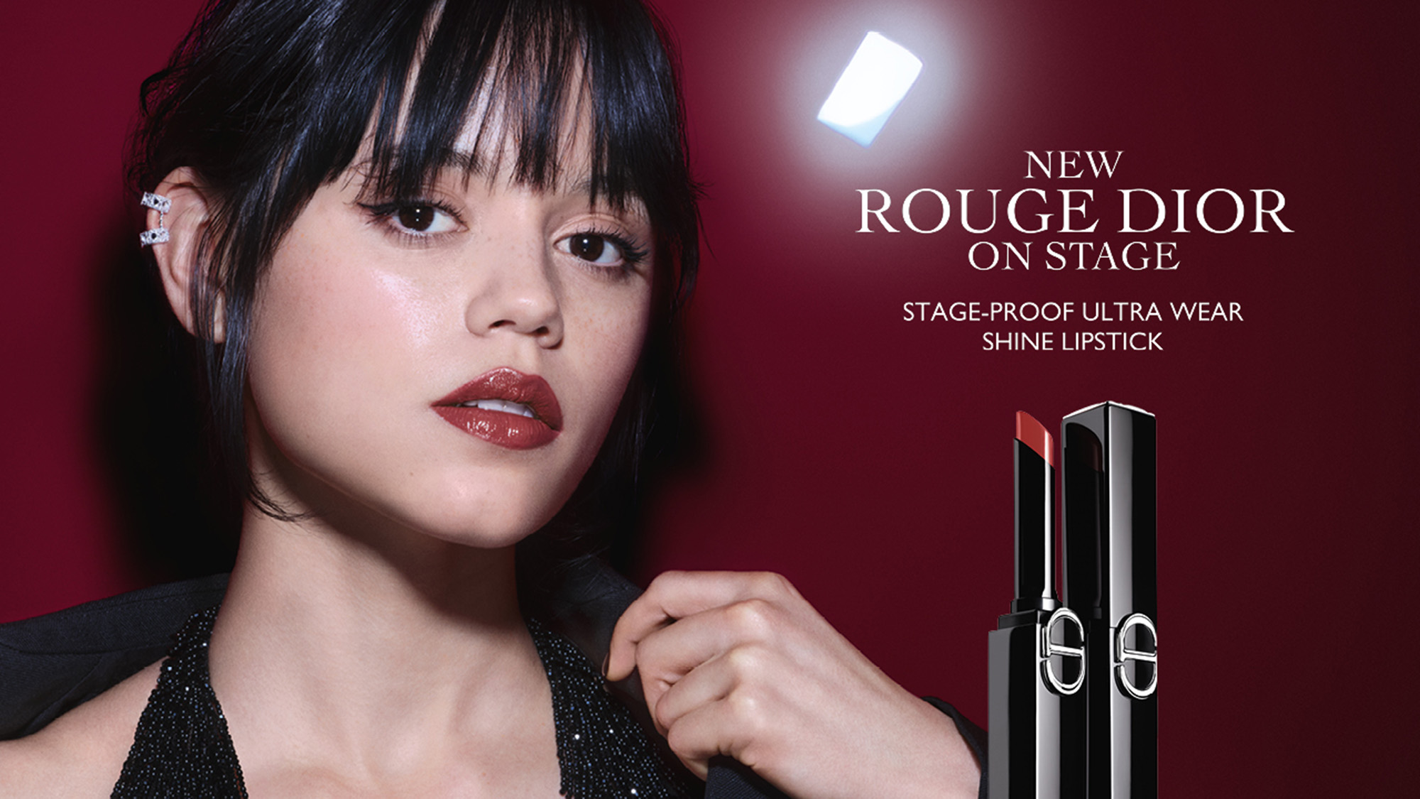 Actress Jenna Ortega advertising New Rouge Dior On Stage stage proof ultra shine lipstick