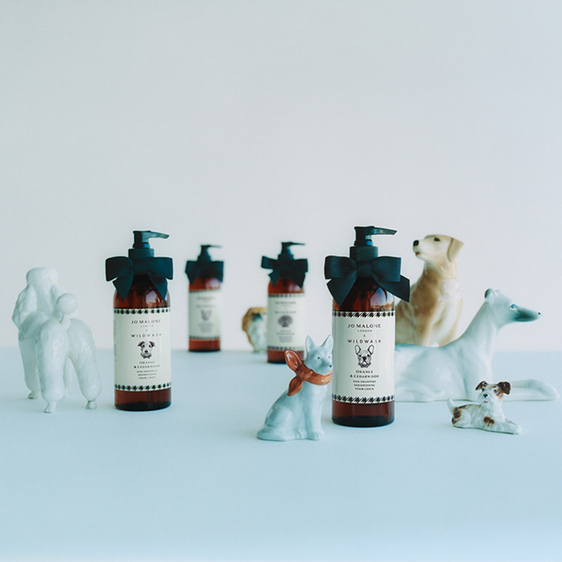 Five Jo Malone London fragrance bottles are arranged on a surface, each adorned with a black bow. Surrounding the bottles are various ceramic animal figurines, including dogs in different poses and colours. The scene has a tranquil, elegant aesthetic.