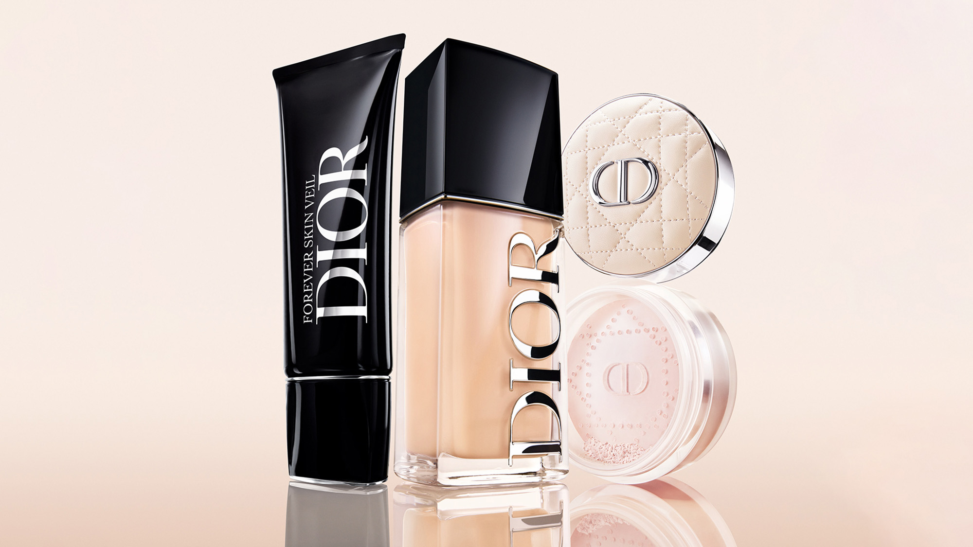 Dior makeup collection featuring Forever Skin foundation, powder compact and loose shimmer powder in neutral tones
