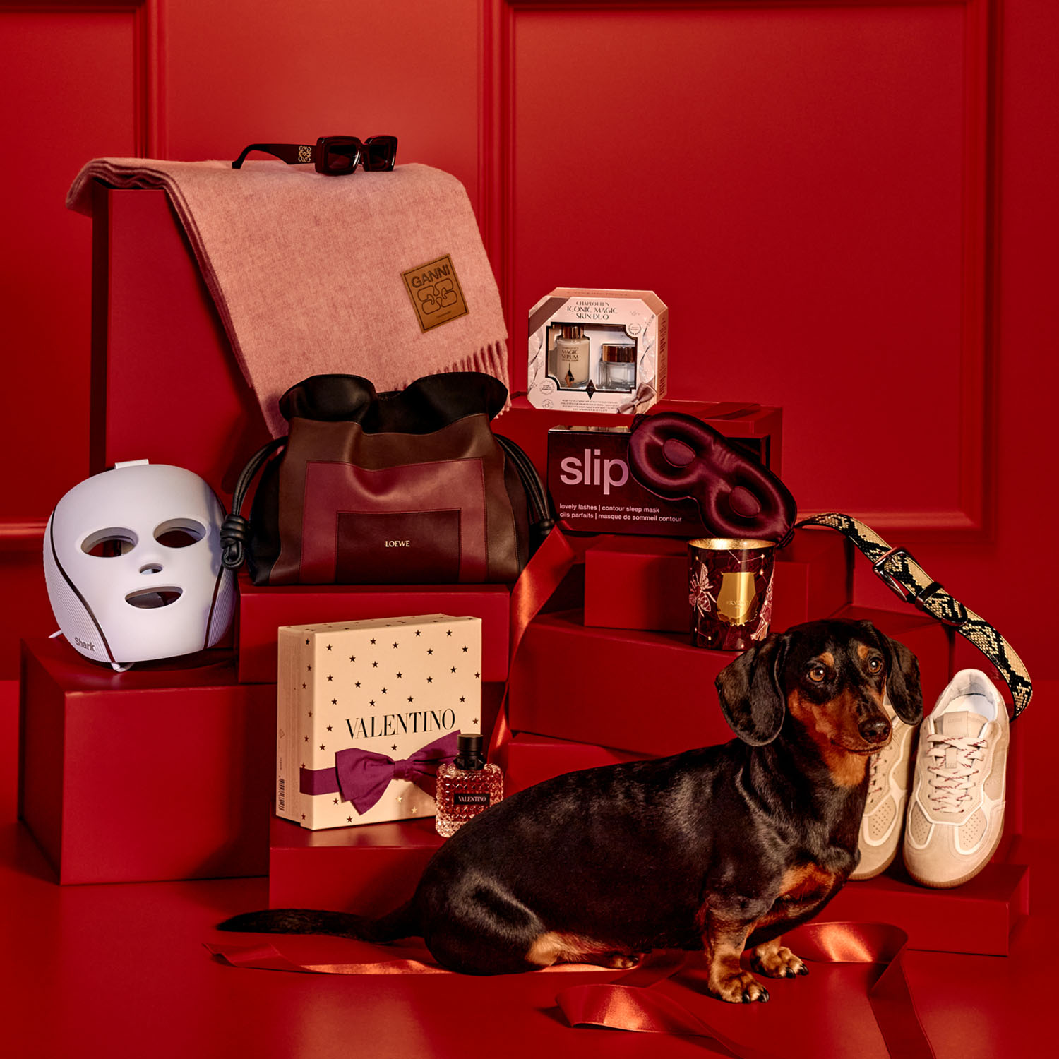 A collection of gift items, including a mask and shoes, arranged on red surfaces with a small dog in front.