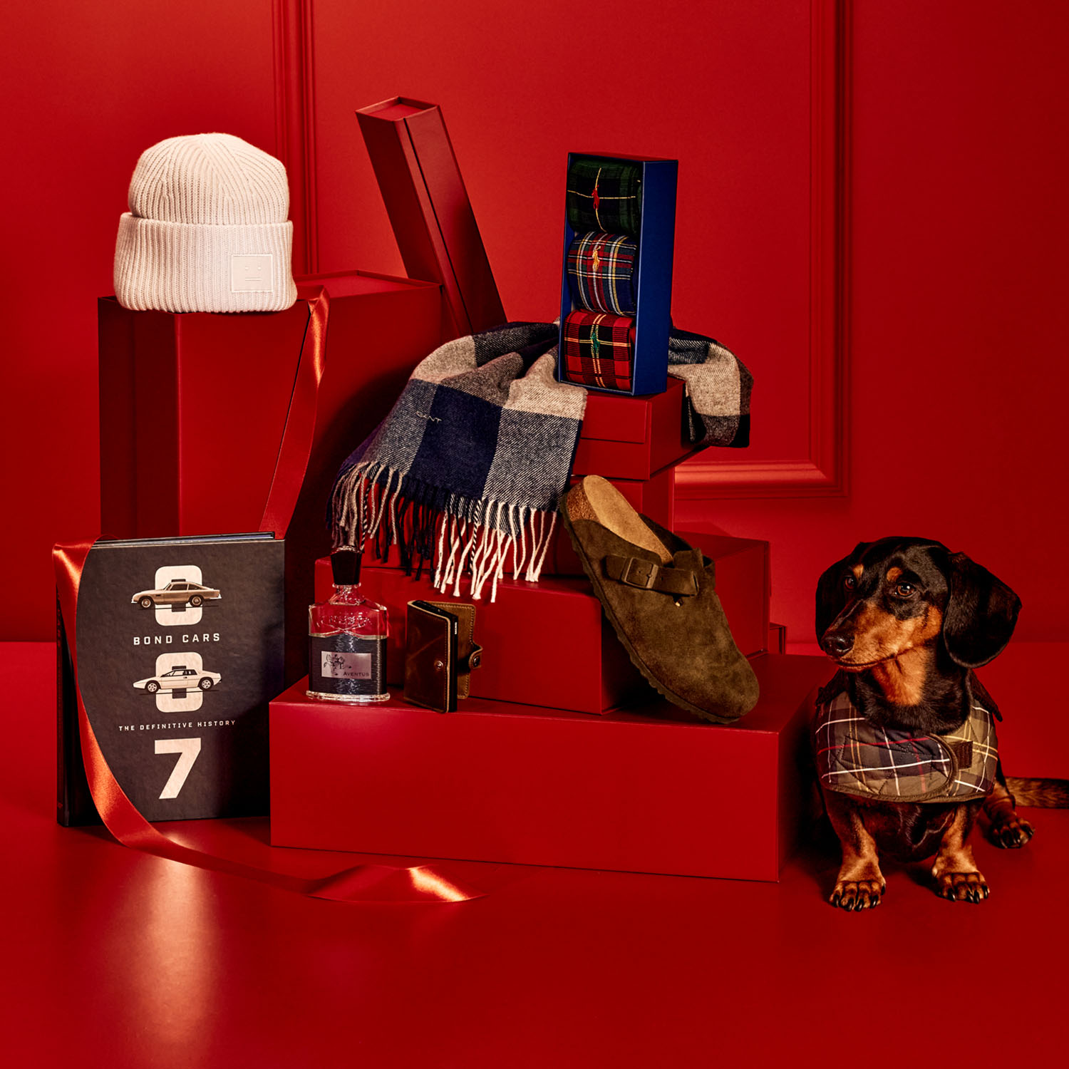 Fashion gifts and a dachshund on a red backdrop, including a white beanie, plaid scarf, box, socks, perfume, slipper, and book.