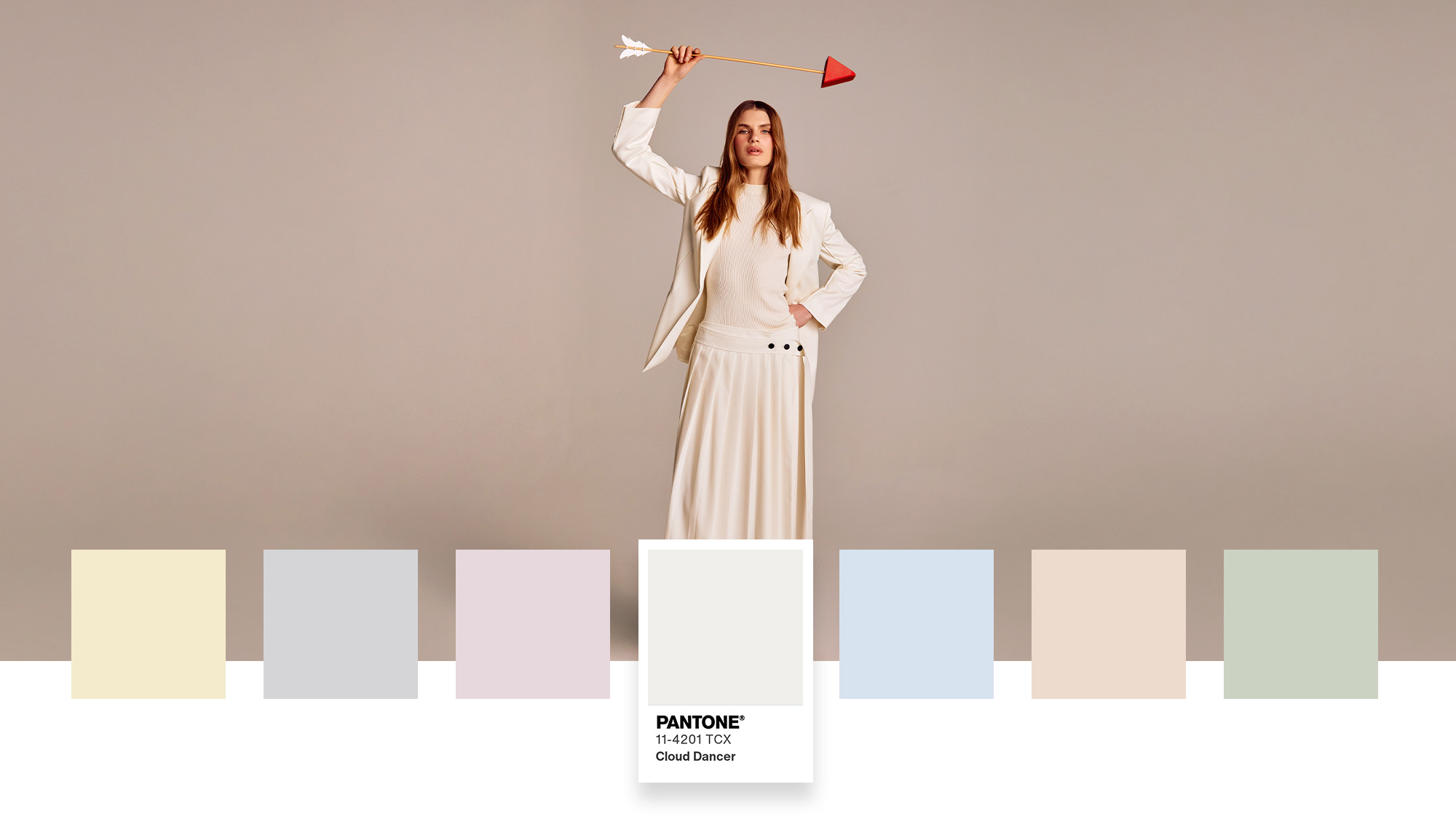 A woman in a white outfit holds a small red arrow. Various pastel colors are displayed below, with 'Pantone 12-4401 TCX Cloud Dancer' featured.