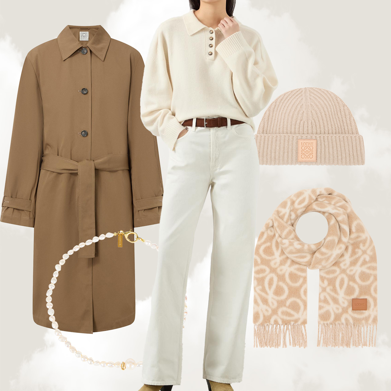 Neutral-toned outfit with a beige shirt, white pants, brown coat, knit hat, scarf, and pearl bracelet on a cloudy background.