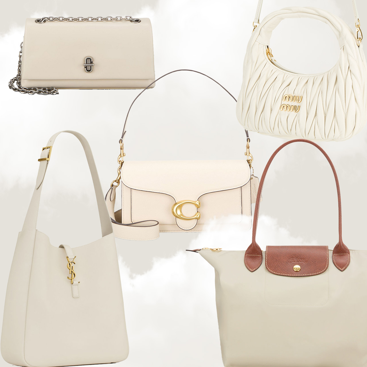 A collection of five elegant, cream-colored handbags with various styles and shapes, featuring gold and brown accents.