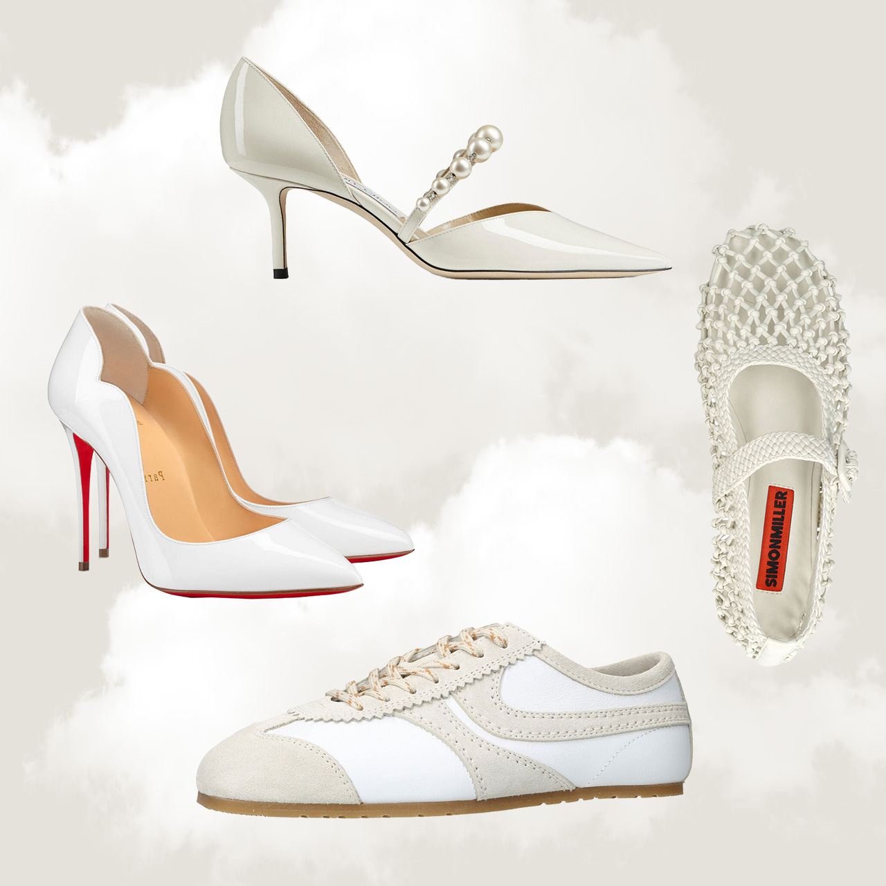 A selection of stylish white shoes, including heels, sneakers, and embellished flats, displayed on a cloudy background.