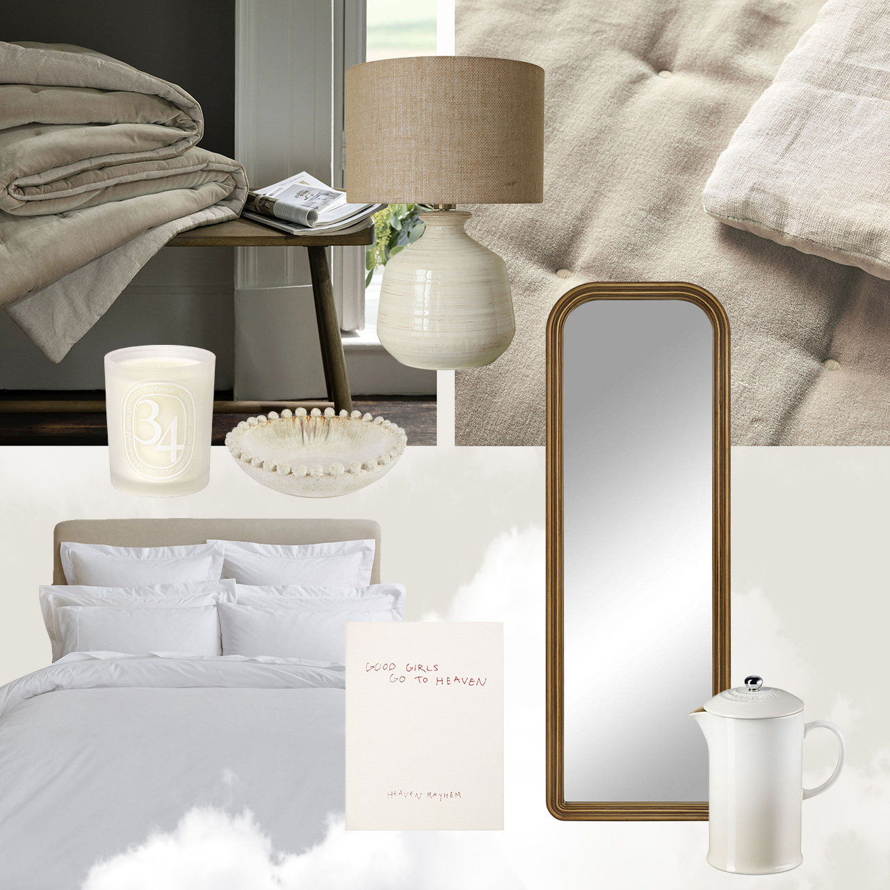 A cozy bedroom setup featuring a bed with a gray duvet, a tall mirror, a lamp, a candle, a book, and neutral-toned decor.