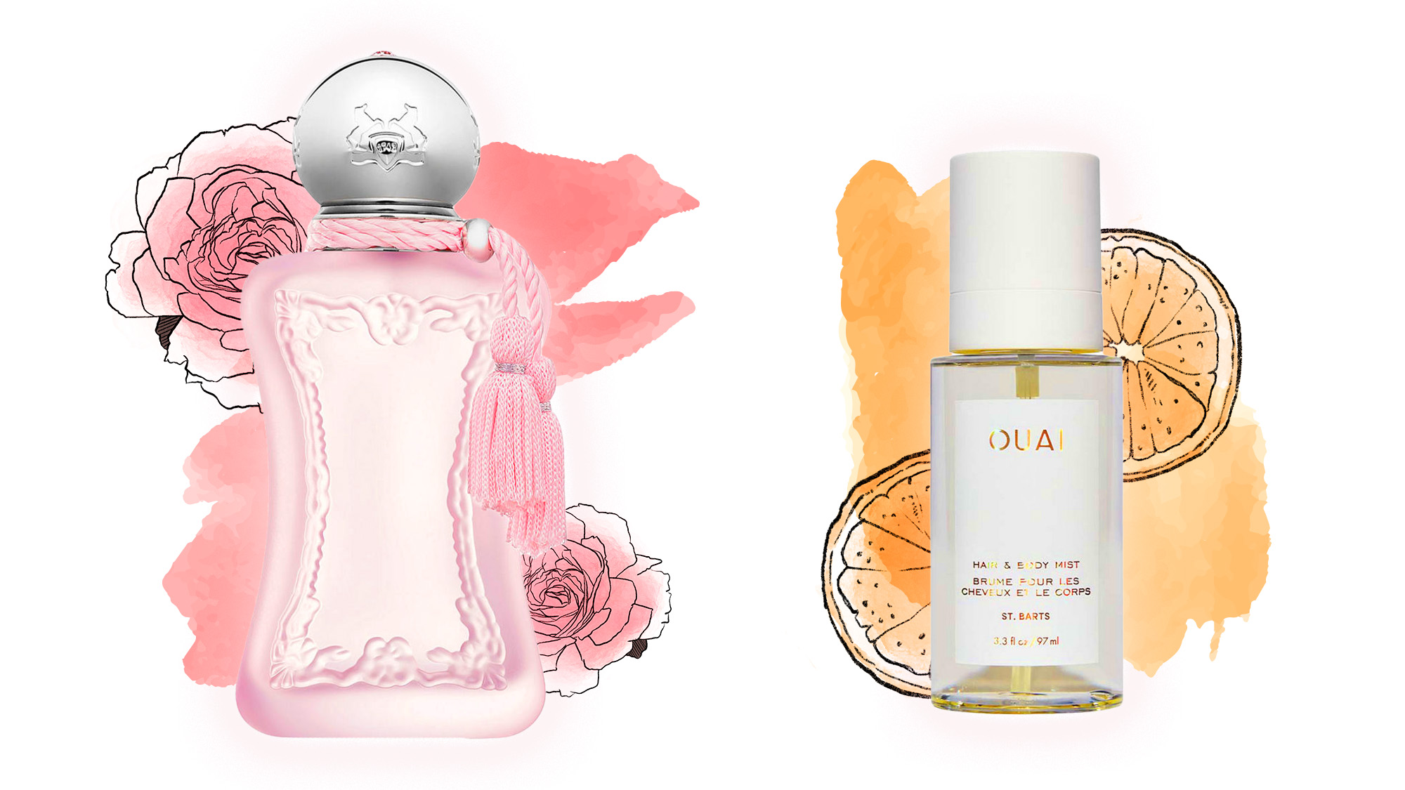 Two pink roses flank two orange slices on a white background.